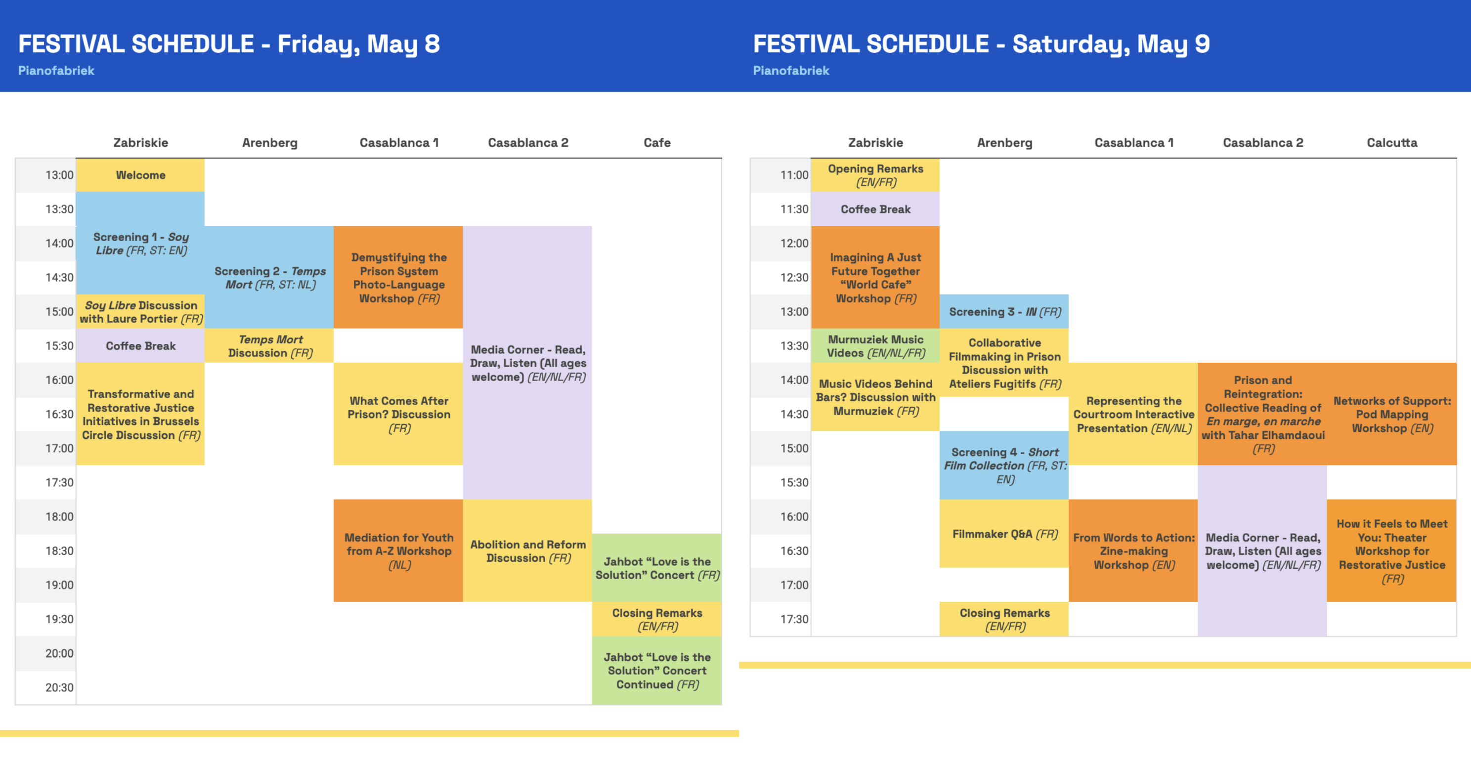 Festival schedule overview for Friday and Saturday